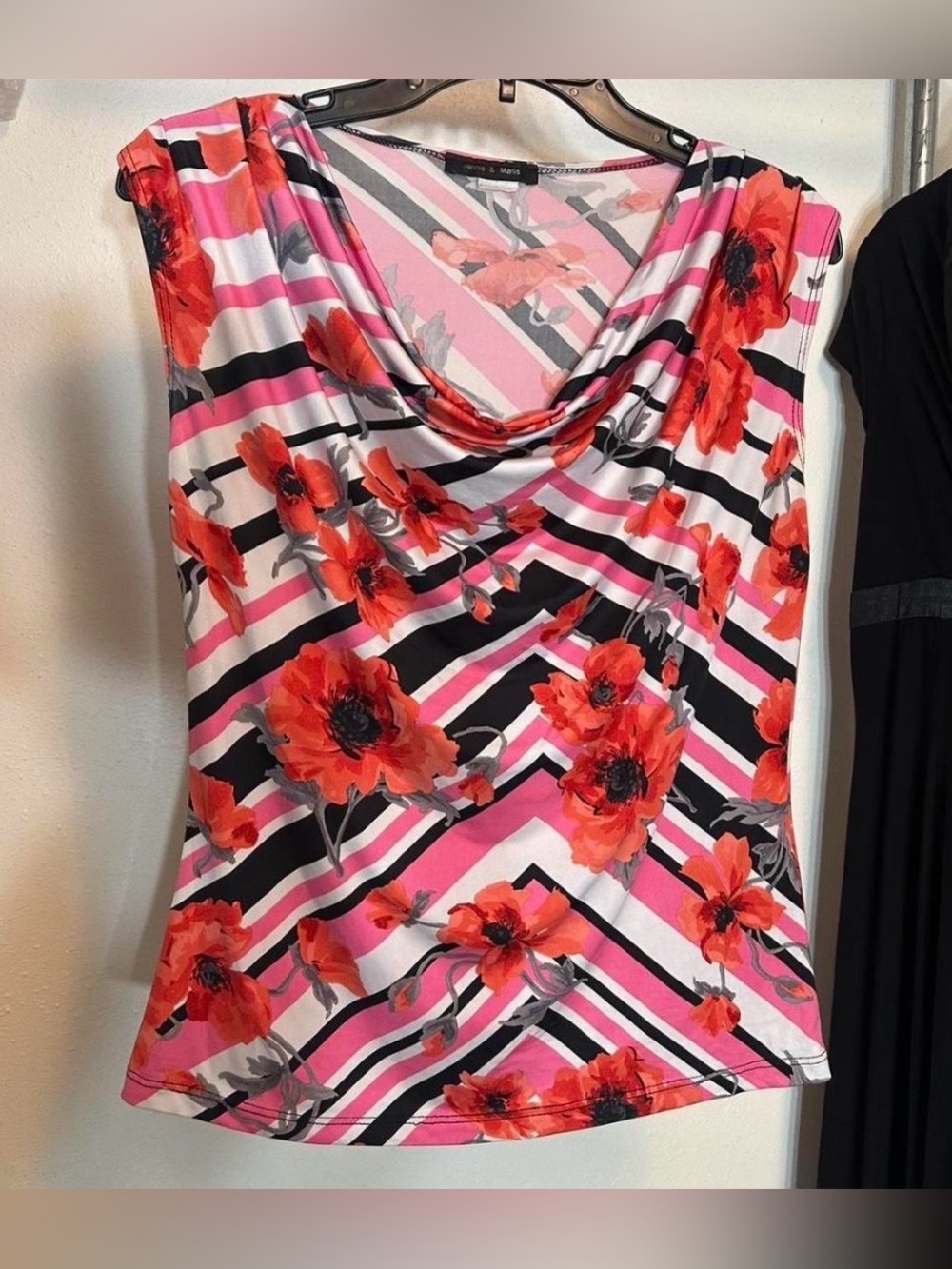 Jennie & Marlis Floral Stripe Cowl Neck Top in Pink & Orange